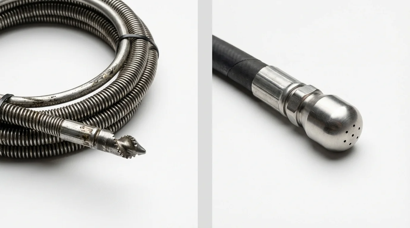 Drain snake cable and hydro jetting nozzle used for drain cleaning in Clovis, CA