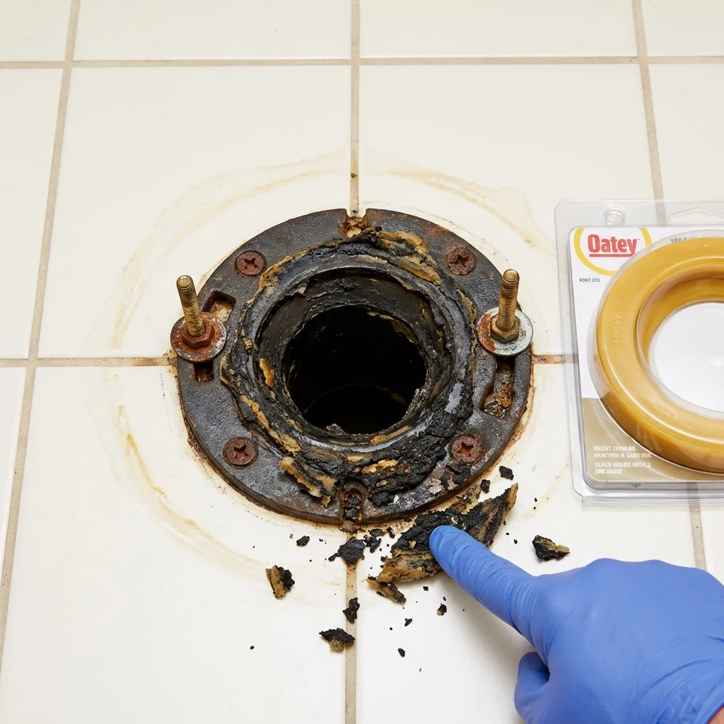 Failed wax ring showing water seepage at the base of a toilet in a Clovis, CA home