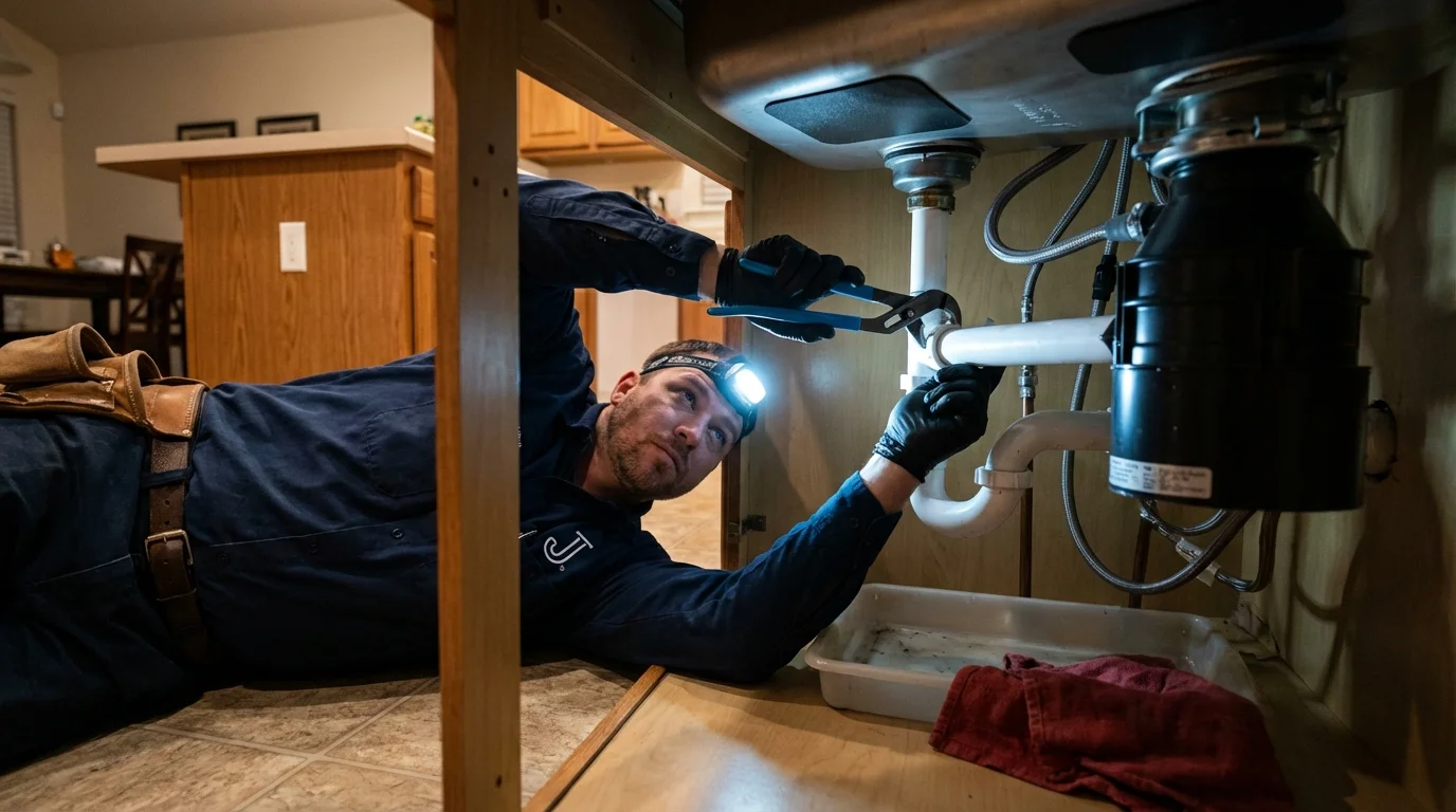 P-trap and supply line connections under a kitchen sink showing a common leak point in Clovis, CA